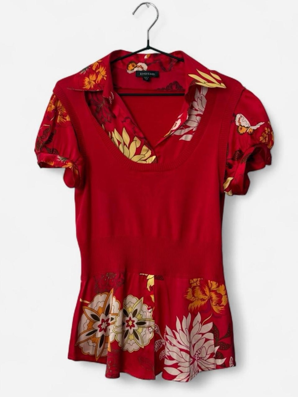 Y2K baby doll silk empire waist romantic Bebe red floral blouse